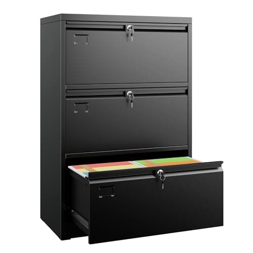 SUXXAN 3 Drawer File Cabinet, Lateral Filing Cabinet with 3 Locks for Home Office, Black File Cabinets with Business Card Holder for Letter/Legal/F4/A4 Hanging Files