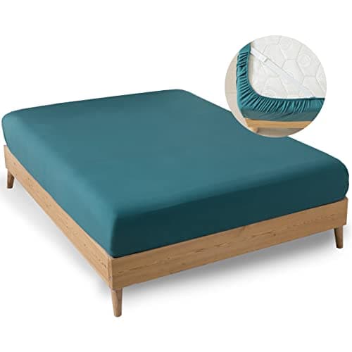 MINIPANDA Queen Size Fitted Sheet with Bed Sheets Holder Straps for Corners, Deep Pocket - Ultra Soft - Microfiber Sheets (Blue-Green)