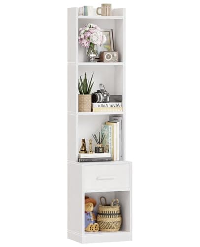 Furologee 6 Tier Bookshelf with Drawer, White 53" Tall Narrow Bookcase, Corner Open Cube Shelves, Modern Wood Floor Standing Rack, Display Storage Shelf for Living Room, Bedroom, Office, Bathroom