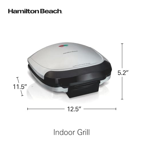 Hamilton Beach Electric Indoor Grill, 6-Serving, Large 90 sq. in. Nonstick Easy Clean Plates, Floating Hinge for Thicker Foods, 1200 Watts, 6.38"D x 12.68"W x 13.78"H , Silver (25371) 8