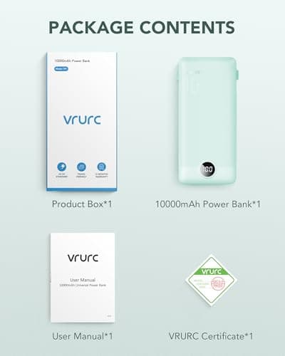 VRURC Portable Charger Built-in Cables and AC Wall Plug, USB C Power Bank 10000mAh, Travel Battery Portable Phone Charger Compact Lightweight External Battery Pack for Smart Phones, Tablets etc-Green 8
