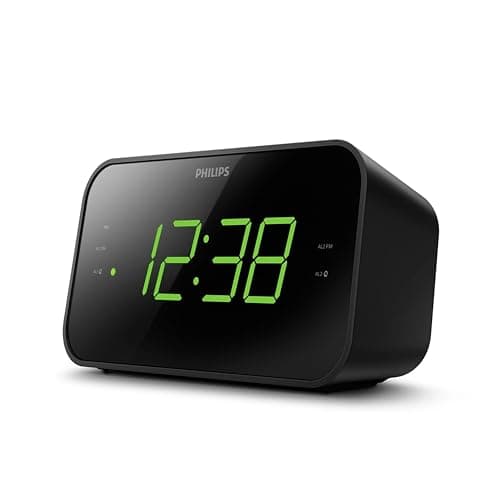Philips Digital Alarm Clock Radio, FM Radio Alarm Clocks for Bedrooms, Dual Alarm Clock Radios for Bedroom with Battery Backup, Sleep Timer Function, Easy Snooze and Large LED Display - Black