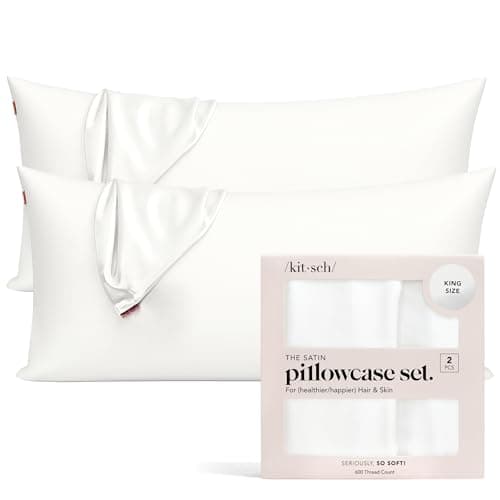 Kitsch Satin Pillowcase with Zipper for Hair & Skin - Softer Than Silk Pillow Cases, Smooth Cooling Satin Pillow Case, Wrinkle-Free, Machine Washable - King Size Satin Pillow Case (19x36), Ivory 2pcs