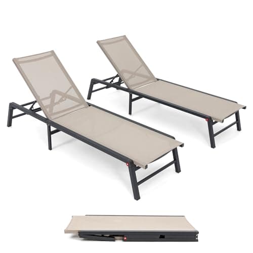 U ULAND Chaise Lounge Outdoor, Aluminum Outdoor Chaise Lounge Set of 2 Assemble-Free, Patio Lounger Poolside Lay Flat Sunbathing Adjustable Backrest Pool Lounge Chair