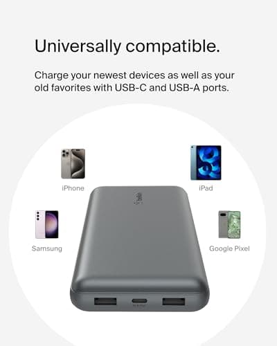 Belkin Portable Charger, USB C Power Bank 20000 mAh w/ 2 USB-A Ports, 15W w/A to C Cable - iPhone 17, Air, Pro, Pro Max, AirPods, Samsung Galaxy S25, iPad, Nintendo Switch 2, Google Pixel 10 - Gray 8