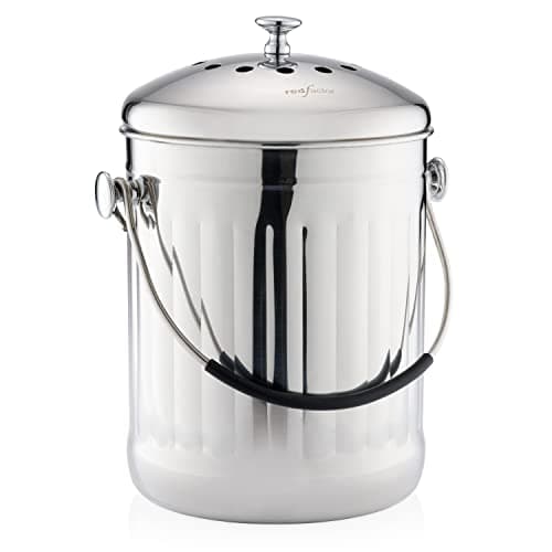 RED FACTOR Premium Compost Bin for Kitchen Countertop - Stainless Steel Food Waste Bucket with Innovative Dual Filter Technology - Includes Spare Filters (Brilliant Steel, 1.3 Gallon)