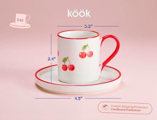 KooK Espresso Cups and Saucers, Hand Painted, Porcelain Demitasse Set with Colorful Fruit Patterns, Dishwasher & Microwave Safe, Holiday Gift, 3 oz, Set of 4 7