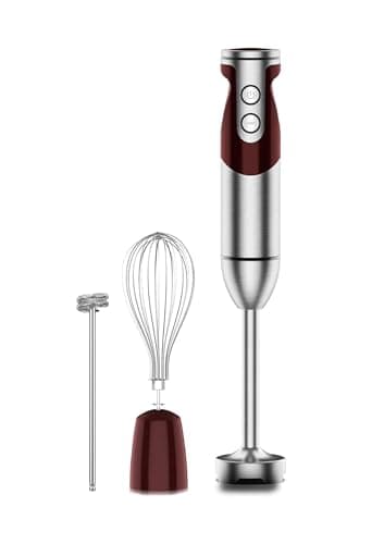 MegaWise Pro Titanium Reinforced 3-in-1 Immersion Corded Hand Blender, Powerful MOTOR with 80% Sharper Blades, 12-Speed Corded Blender, IncludingWhisk and Milk Frother (3-in 1 Red)
