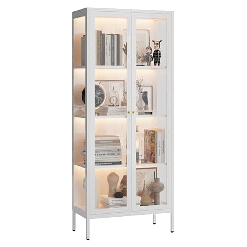 UNICOLY Display Cabinet with Glass Doors, Glass Display Cabinet with 3 Color LED Lights, Curio Display Cabinet with 3 Shelves for Living Room & Plant, Display Shelf, Assembly Required, White