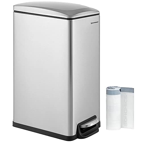 SONGMICS Slim Trash Can, 13-Gallon (50 L) Garbage Can for Narrow Spaces with Soft-Close Lid, Inner Bucket, and Step-on Pedal, Stainless Steel, 15 Trash Bags Included, Silver ULTB510E48