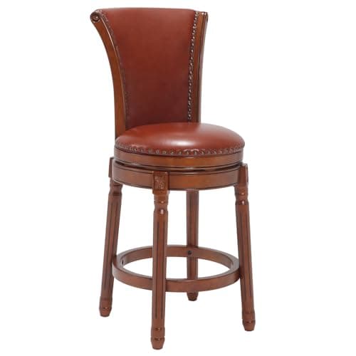 RAINMOOD High Back Swivel Bar Stool,Solid Wood Barstool with Full-Grain Genuine Leather, Barchair Counter Height Stool for Kitchen Island & Pub
