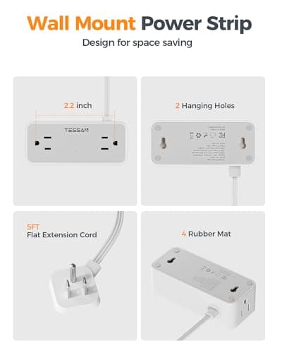 TESSAN Flat Plug Extension Cord 5 FT, Surge Protector Power Strip with 4 AC Outlets 1 USB C and 2 USB A Ports, 900 Joules Protection, 1250W, Multiple Wall Outlet Extender Suitable for Home Office Dorm 8