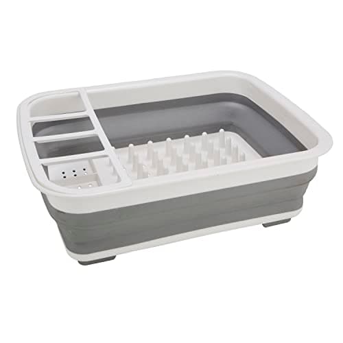 Kitchen Details Collapsible Dish Drying Rack | Space Saver | Aerated Bases Drain Holes | Plates, Bowls, Utensils Compartments | Countertop and Sink Storage | White/Grey 6