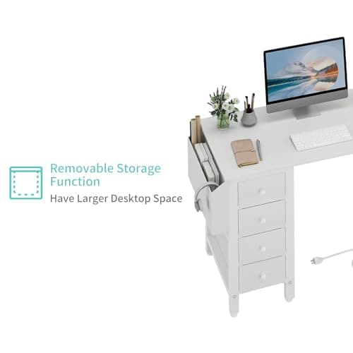 Lufeiya White L Shaped Computer Desk with Drawers & Storage Shelves, 47 Inch Corner Reversible Desk with Power Outlet for Home Office Bedroom, L-Shaped Teen PC Desks with Fabric Drawer, White 7