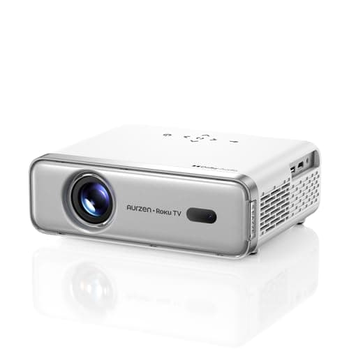 Aurzen Roku TV Smart Projector with Wifi and Bluetooth, Roku Streaming Experience Built-in, 1080P FHD, Dolby Audio, Auto Focus & Keystone, Zoom, Movie Portable Outdoor Mini Projector, Silver