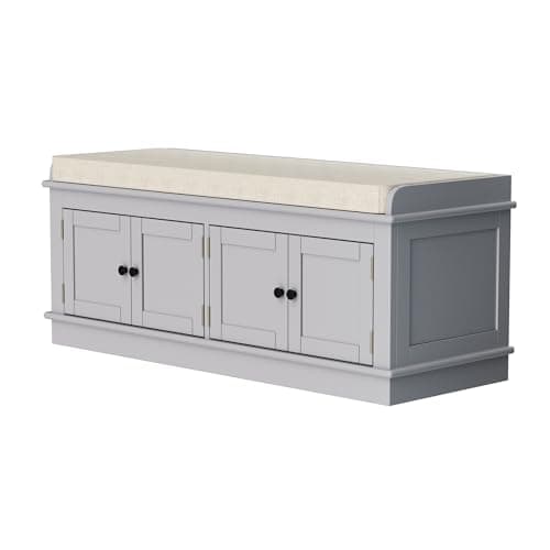 ROOMTEC 42.7″ Storage Bench w/4 Doors and Adjustable Shelves, ShoeBench w/Removable Cushion & Seating for Entryway Living Room Hallway Bedroom, Assembled Gray Wash 7