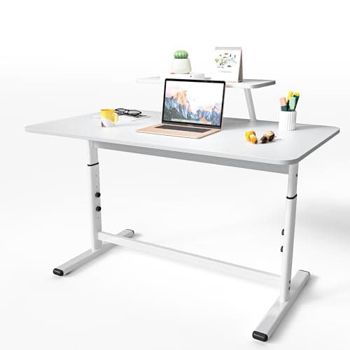 ENPKLUTE Computer Desk with Monitor Shelf, 48 Inch Manual Standing Desk Adjustable Height, Ergonomic Rising Desks for Home Office, Simple Writing Study Sit Stand Up Desks for Bedroom, White