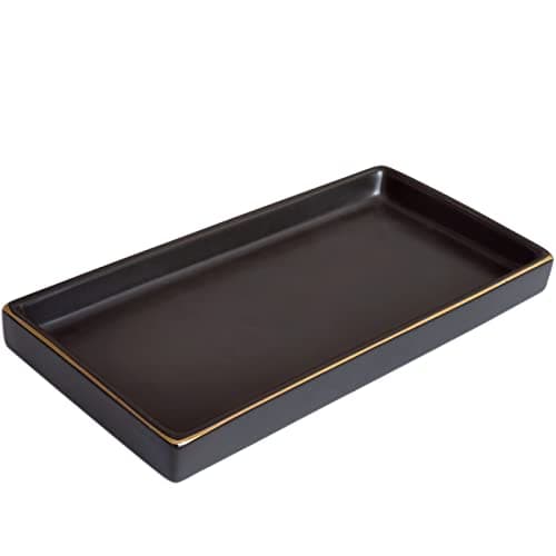 10 x 5 Ceramic Bathroom Tray for Countertop, Decorative Vanity Tray for Dresser Tops, Small Rectangular Trays for Perfume, Candle, Jewelry, Cosmetics (Black)