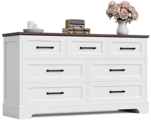 Furmax Farmhouse Dresser for Bedroom, 7 Drawers Dresser, Wood Chest of Drawers, 52" Wide Storage Dressers Organizer for Bedroom, Living Room, White and Brown