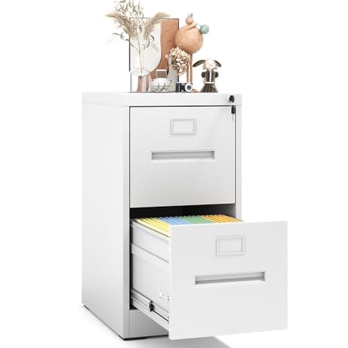 EKJ 2 Drawer File Cabinet with Lock, Metal Vertical Filing Storage Cabinet for Home Office, Steel Vertical File Cabinets for Legal/Letter File Folders, Easy Assemble (White)