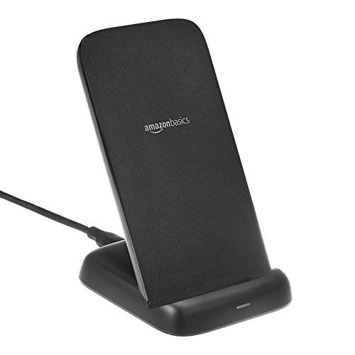 Amazon Basics 10W Qi Certified Wireless Charging Stand for Phone 16/15/14/13/12/11/X, Samsung, and More, with USB Cable, Black (No AC Adapter)