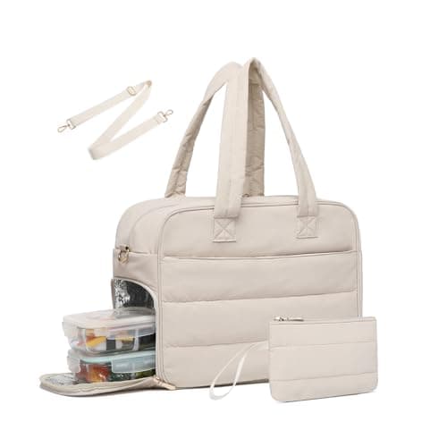 Lunch Tote Bag for Women Work, 17.3 Inch Laptop Purse with Insulated Lunch Compartment Coin Wallet for Meal, Large Puffy Quilted Travel Duffle Bag Beige