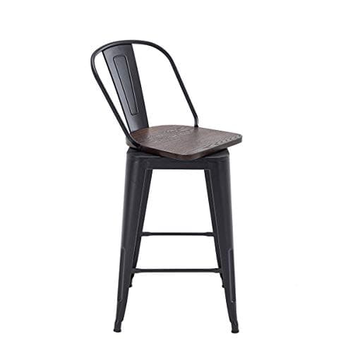 Alunaune 26" Swivel Metal Bar Stools Set of 4 High Back Counter Height Barstools Industrial Dining Bar Chairs with Large Wooden Seat-Matte Black 8