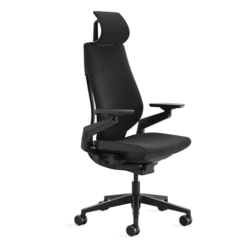 Steelcase Gesture Office Chair with Head Rest - Ergonomic Work Chair with Wheels for Hard Flooring - Comfortable Office Chair - Intuitive-to-Adjust Chairs for Desk - 360-Degree Arms - Licorice Fabric