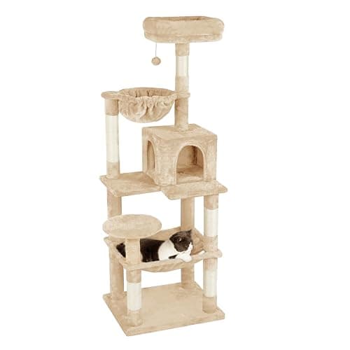 Catreaier Cat Tree, 54-Inch Cat Tower for Indoor Cats, Plush Multi-Level Cat Condo with 5 Scratching Posts, Pompom, One Round Hammock and One Square Hammock Beige