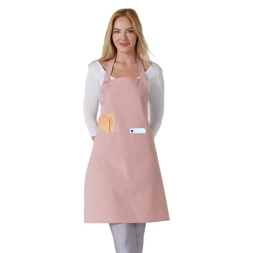 TOSHE Kitchen Apron Waterdrop Resistant Cotton Apron with adjustable Aprons for Women with Pockets 10 Color option Cooking Powder Pink Apron (Powder Pink)