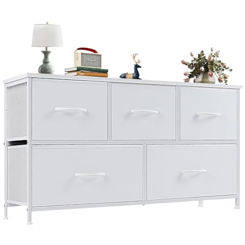 OLIXIS Dresser for Bedroom with 5 Drawers, Wide Chest of Drawers, Fabric Bedroom Dresser with Drawer Organizer, Storage Organizer Unit with Fabric Bins for Closet, Living Room, Hallway, Pure White