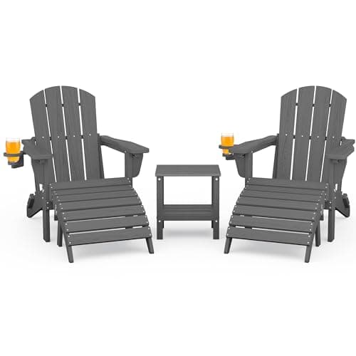 SERWALL 5-Piece Folding Adirondack Chair and Ottoman and Table Set, HDPE Adjustable Adirondack Chairs Set, Grey