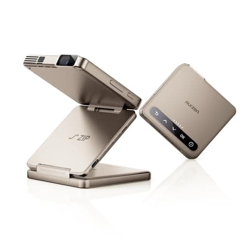 Aurzen ZIP Tri-Fold DLP Mini Projector,Pocket Size, Zero-Lag Focus,One-Click Screen Mirroring,Full-Screen Mode,Type-C Fast Charging,5000mAh Battery,Bluetooth,Portable Projector for Cookie, Art,Gold