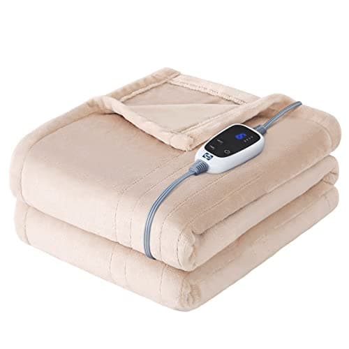 Sealy Electric Blanket Heated Throw, Soft Flannel Heated Blanket with 6 Heating Settings & 2-10 Hours Auto Shut Off, Fast Heating & Machine Washable, 50x60 Inch, Beige