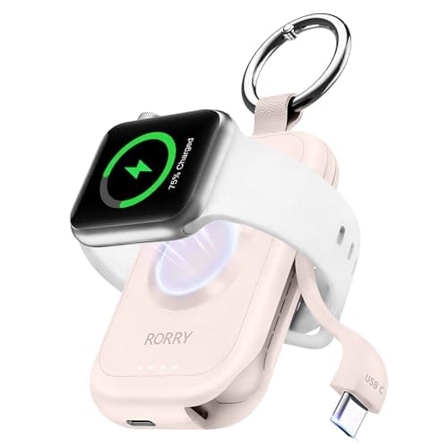RORRY Portable Charger for Apple Watch, 2500mAh Fast Charging for iWatch Charger, Travel Essentials Gifts with Built-in USB C Cable for Apple Watch Series 11 10 9 8 7 Ultra 3 2 SE Accessories, Pink