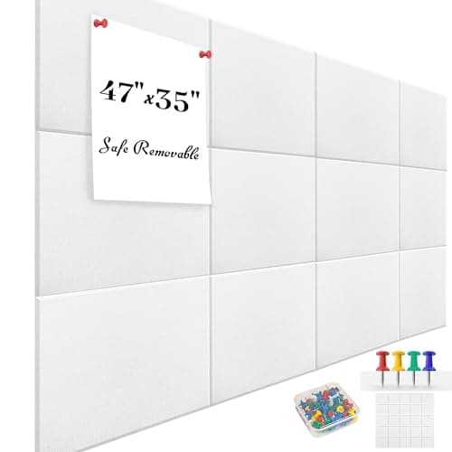Large Office Cork Board Alternative - 47"x35"12 Pack Felt Wall Tiles Self-Adhesive Safe Removable No Damage for Wall Pin Board Tack Board Felt Cork Board for Walls or Office 48 x 36 White