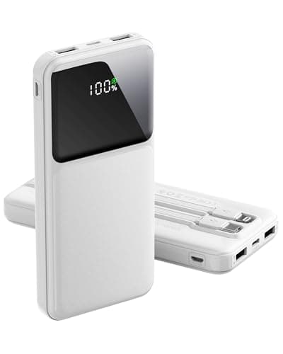 12800mAh Portable Charger with Built in Cables, 22.5W 3A High Speed Charging Travel Essentials, LED Display Slim PowerBank, 4 Outputs 2 Inputs Built-in USB C&Lightning Cables for iPhone iPad Android