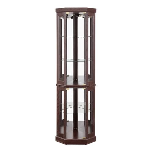 Eyisean 70" Lighted Corner Curio Cabinet, Wood China Display Case with Tempered Glass Doors & Adjustable Shelves, Light Bulb Included, Tall Wine Storage Rack for Bar and Liquor Storage (Dark Cherry) 9