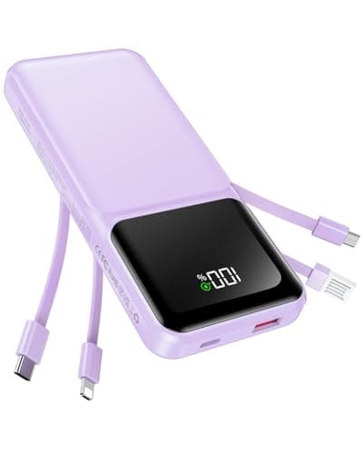 RONEGN Portable Charger with Built in Cable -20000mAh Fast Charging Power Bank USB C Slim 22.5W LED Display Battery Pack 5 Outputs & 3 Inputs for Travel Essentials iPhone Samsung Phones Purple
