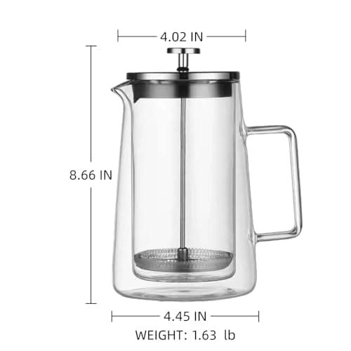 PanSukided French Press Coffee Maker 34Oz (1 Liter), DoubleWall Insulated Borosilicate Glass, Heat-Resistant Design, Stainless Steel Filter for Coffee, Tea & Cold Brew 2