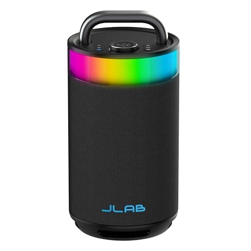 JLab Epic Party Portable Bluetooth Speaker, Black, 360-degree Sound with 100 Watts of Power, 16+ Hours of Playtime, Customizable RGB LED Lighting, Lab Sync Up to 100 Speakers, Custom Sound in-App