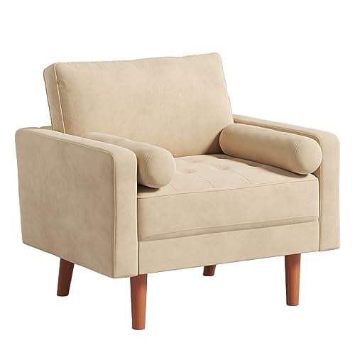 Vesgantti Beige Velvet Accent Chair, Mid Century Modern Living Room Chairs, Button Tufted Arm Chairs with 2 Pillows, Comfy Sofa Chairs for Bedroom, Office