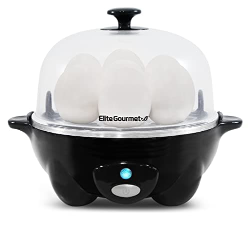 Elite Gourmet EGC-007B# Rapid Egg Cooker, 7 Easy-To-Peel, Hard, Medium, Soft Boiled Eggs, Poacher, Omelet Maker, Auto Shut-Off, Alarm, 16-Recipe Booklet, Black