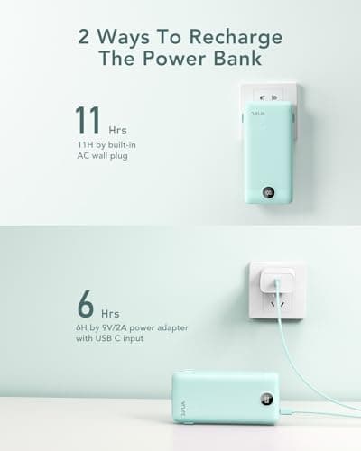 VRURC Portable Charger 20000mAh, Fast Charging Power Bank USB C,4 Output 2 Input Travel Essentials Charging Bank Equipped with LED Display,Built-in Wall Plug and Cables,Phone Charger Battery,Green 9