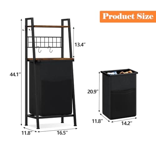 Furnulem Laundry Hamper, Vertical Laundry Basket with 2 Tiers Wooden Shelf and Hooks, Clothes Hamper with Pull-Out and Removable Bag for Bathroom, Bedroom, Dorm, 13.21 Gallons (50L) 9