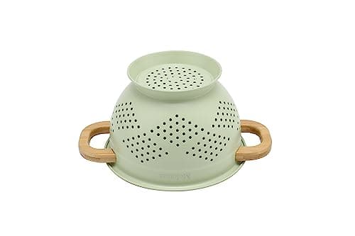 Molomax Metal Colander with Wood Handle | Set of 3 with Bamboo Handles | 1.5Q, 3Q, 5Q (Sage Leaf Green) 5