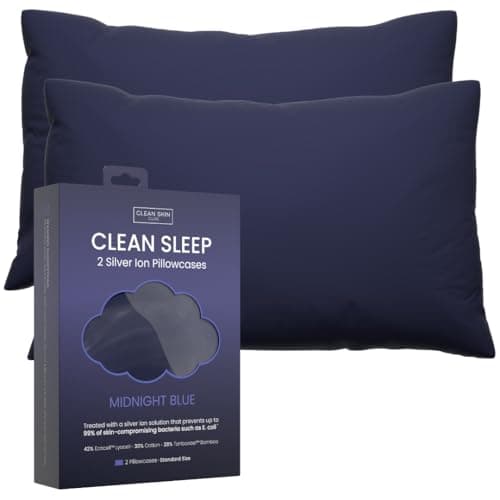 Clean Sleep Silver Ion Pillowcases, Hypoallergenic Pillowcases for Blemish-Prone & Sensitive Skin, Silver Ion Infused Plant-Based Fabric, Standard Size, 2 Pillow Covers, Blue
