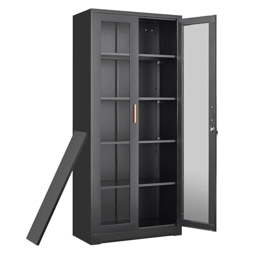 Curio Display Cabinet with Glass Doors,71”H Metal Display Case with 4 Adjustable Shelves - Black China Storage Cabinet for Collectibles, Trophies & Liquor - Locking Tall Glass Cabinet for Home