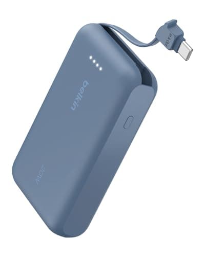 Belkin Portable Charger, Portable Power Bank with Integrated Cable 10000 mAh 20W - Fast Charge USB C Power Delivery - iPhone 17, Air, Pro, Pro Max, iPad, AirPods, Apple Watch, Galaxy S25, etc. - Blue