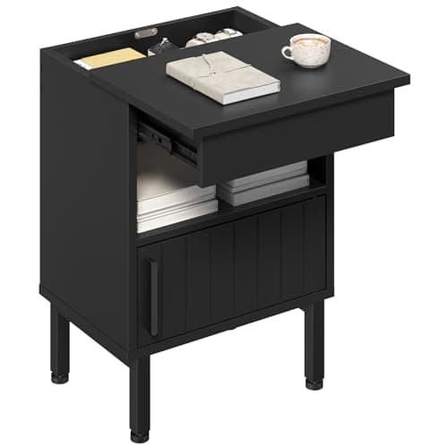 YATINEY Nightstand with Gun Drawer, Bedside Table with Hidden Compartment, End Table with Storage Cabinet, Night Stand for Bedroom, Office, Black ET22BB